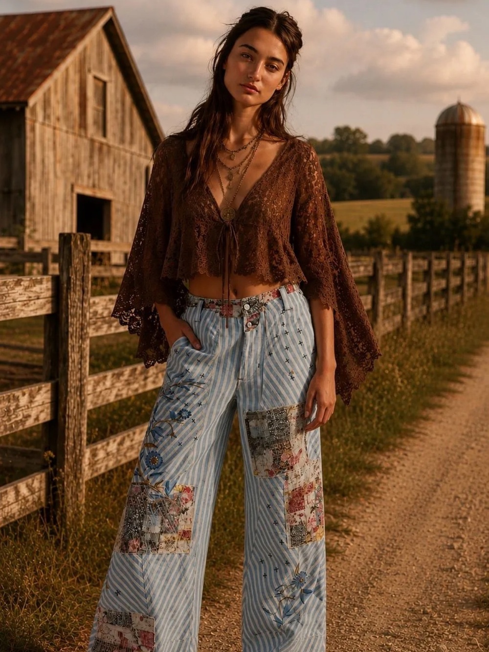 Free People West Ridge Blue Patte Patchwork Wide Leg Jeans - Picture 7 of 8